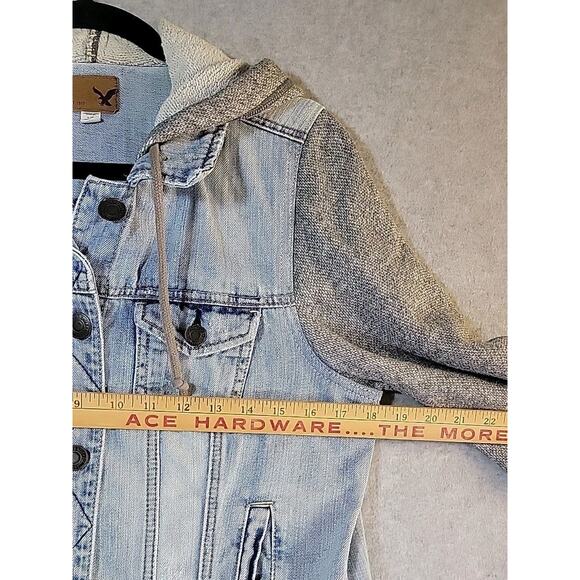 AMERICAN EAGLE OUTFITTERS Hooded Denim Jacket Sz Large Gray Knit Fabric Sleeves - Picture 6 of 8